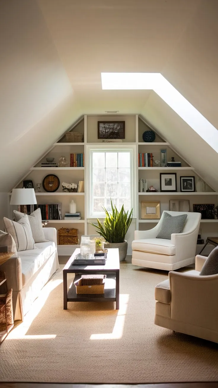 Ascend to your attic haven, a personal retreat where calming neutral shades and artfully placed furniture conspire to create the ideal space for unwinding and delving into your thoughts.
