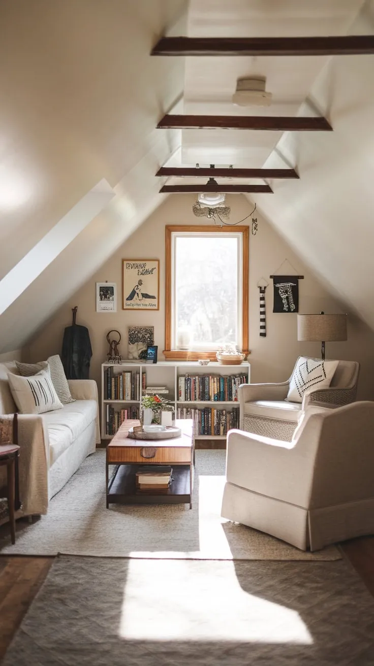 This attic man cave, with its cozy neutral tones and thoughtfully arranged furnishings, offers the perfect retreat for relaxation and reflection.