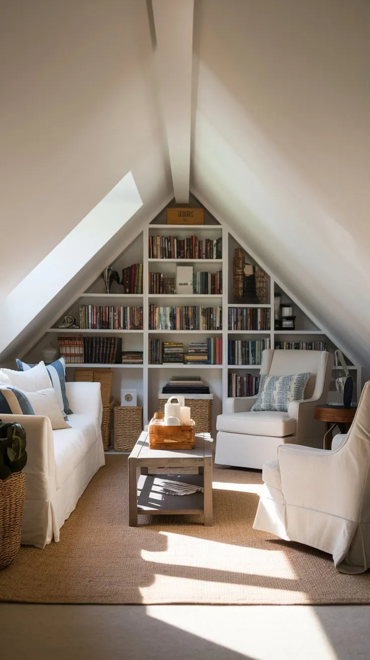 Step into your beautifully organized attic man cave, where comfort and style intertwine to create the ultimate sanctuary for unwinding and losing yourself in a good book.