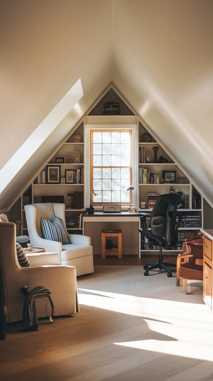 Ascend to your attic sanctuary, a space where relaxation and inspiration intertwine seamlessly, thanks to the artful marriage of cozy comfort and ingenious organization.