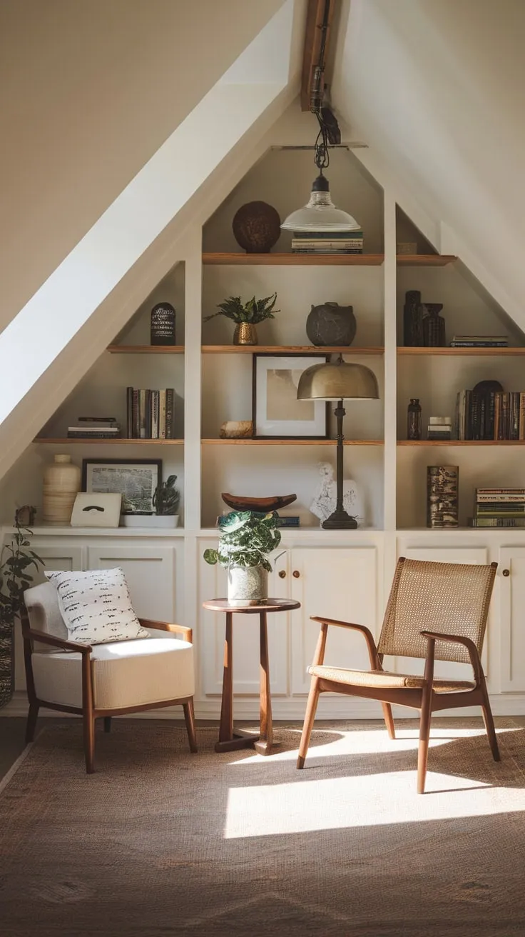 Step into your attic sanctuary, where exposed beams whisper tales of yesteryear while plush, modern furnishings beckon you to unwind and ignite your imagination.