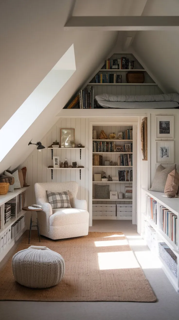 Step into your exquisitely crafted attic man cave, a haven where comfort and style dance in perfect harmony, promising an irresistible escape for relaxation and literary adventures.