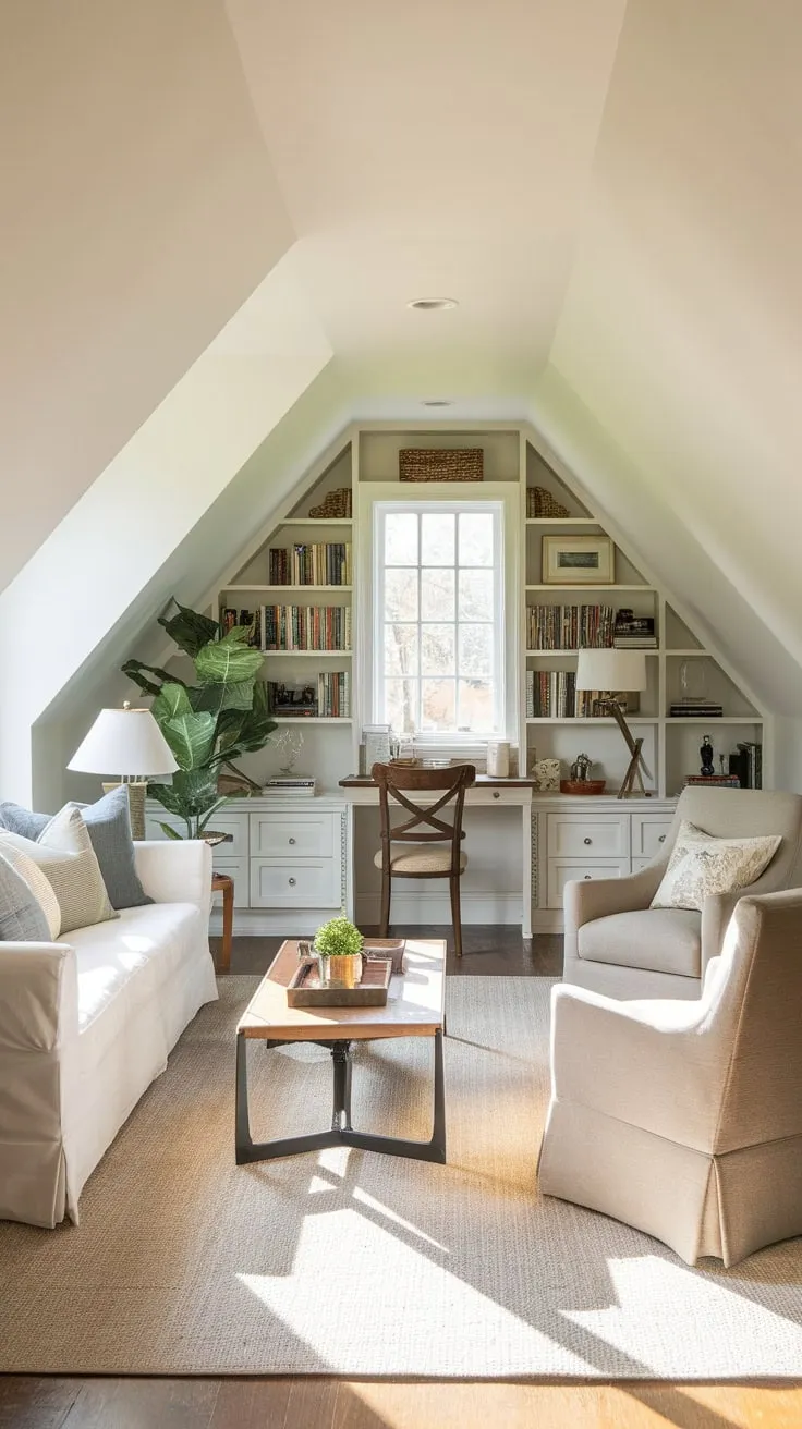 Ascend to your attic sanctuary, a haven where meticulously curated comfort meets undeniable style, transforming the space into an irresistible escape for both relaxation and inspired creation.