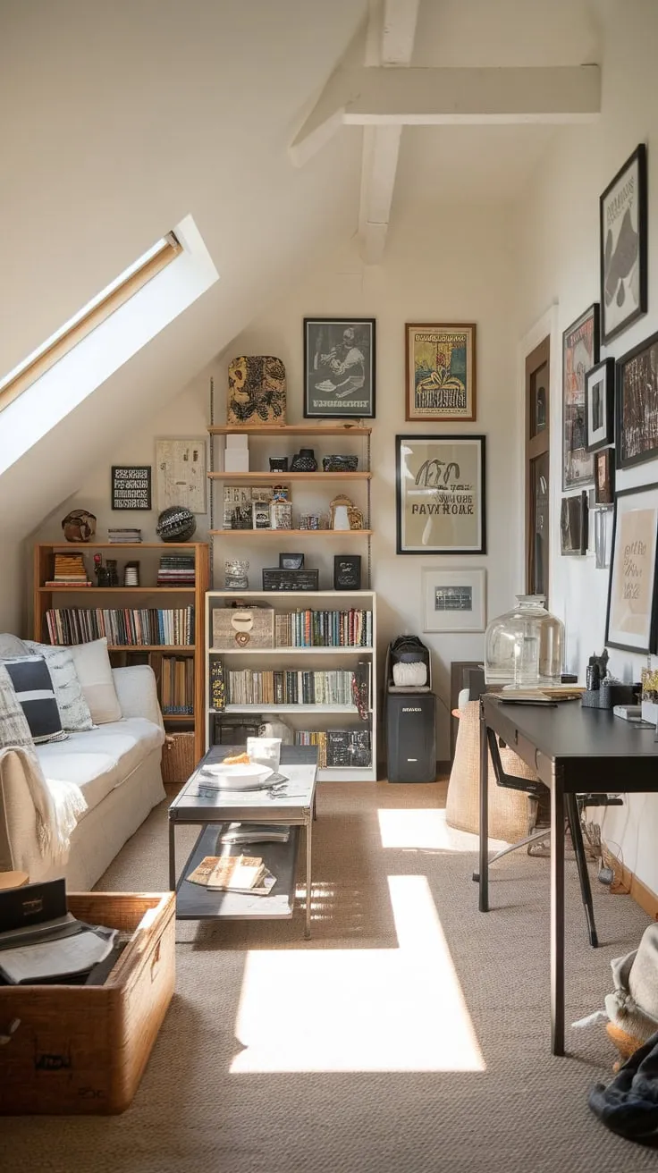 Ascend to your attic man cave, a haven meticulously crafted for both relaxation and inspiration, where every detail sings of comfort and refined style.