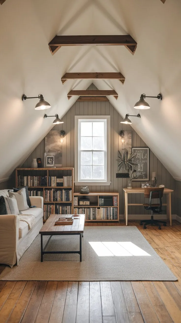 Step into your attic man cave, where comfort and style dance in perfect harmony, crafting an irresistible sanctuary for both unwinding and igniting your imagination.