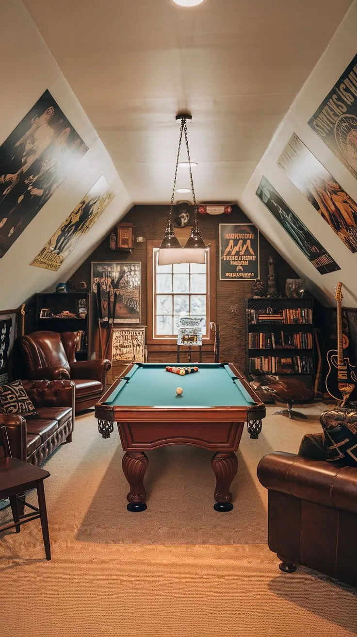 Escape to this inviting man cave pool room nestled in the attic.  Vintage man cave ideas shine in this thoughtfully designed space, featuring a pool table man cave, comfortable seating, and a curated collection of rock and roll memorabilia.  The perfect blend of game room attic and tasteful man cave.