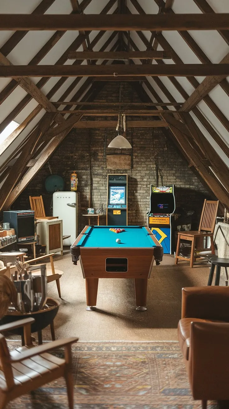 Escape to this man cave attic, a haven of classic games and relaxed vibes. The pool table man cave takes center stage in this man cave pool room, surrounded by retro consoles and a cozy atmosphere.  Perfect pool room ideas for a tasteful man cave, showcasing the best of vintage man cave ideas.
