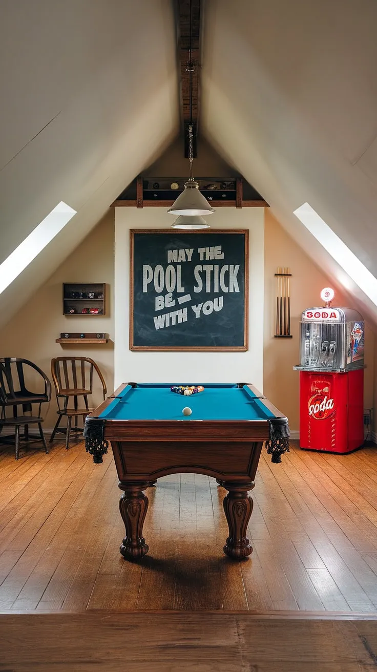 This attic man cave, a true man cave pool room, boasts a vintage vibe and plenty of room for friendly competition.  The pool table takes center stage, surrounded by comfortable seating, while a quirky chalkboard and retro soda machine add to the tasteful man cave aesthetic.  Perfect pool room ideas for the discerning gentleman.