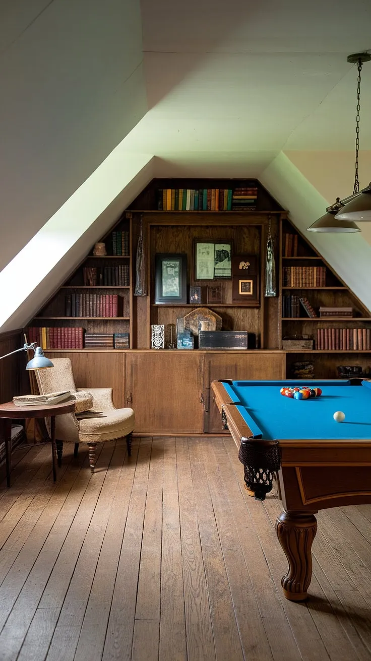This attic man cave is the ultimate escape: a tasteful blend of vintage charm and modern comfort.  The pool table man cave is the centerpiece, surrounded by cozy furniture, curated bookshelves, and plenty of pool room ideas to inspire your next game night.  A true man cave attic, perfect for relaxation and friendly competition.