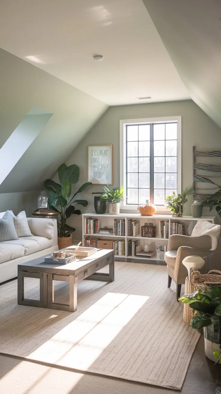 Ascend to your attic escape, a haven where relaxation meets refined taste; the neutral palette and artful decor conspire to create an inviting retreat you'll never want to leave.