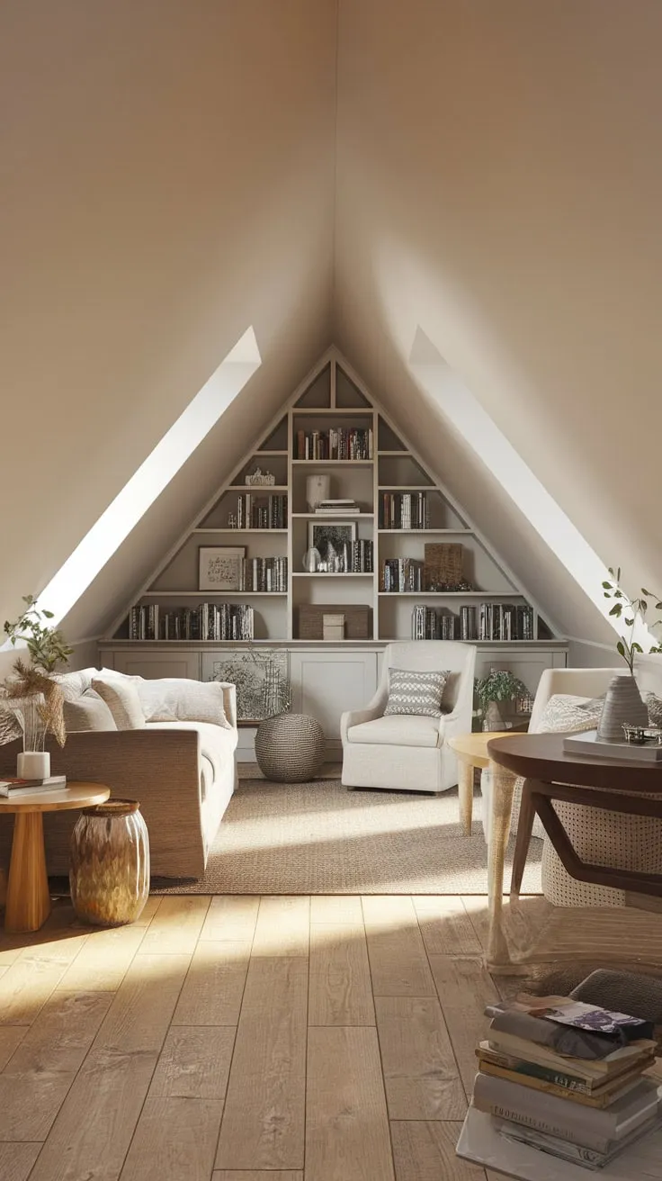 Step into your attic man cave, a masterclass in relaxed sophistication, where every detail invites you to unwind and recharge, surrounded by personal treasures that pop against a backdrop of calming neutrals.