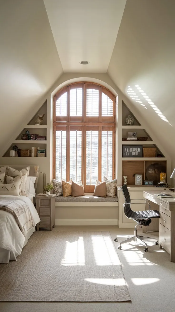 This beautifully designed attic master suite combines comfort and functionality, creating a serene retreat with its neutral palette and thoughtfully arranged spaces for rest and relaxation.