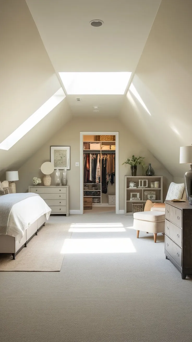 Sunlight streams through the dormer windows of this exquisitely designed attic master suite, wrapping you in a cocoon of warmth and tranquility – a sanctuary crafted for ultimate relaxation and blissful comfort.