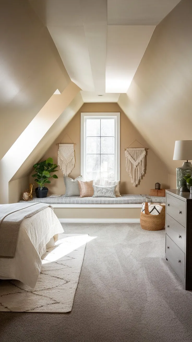 This beautifully designed attic master suite exudes warmth and comfort, perfectly blending a neutral color palette with thoughtful decor to create an inviting retreat.