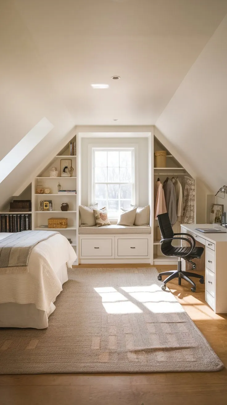 This beautifully designed attic master suite perfectly blends comfort and functionality, creating an inviting retreat that inspires relaxation and productivity.