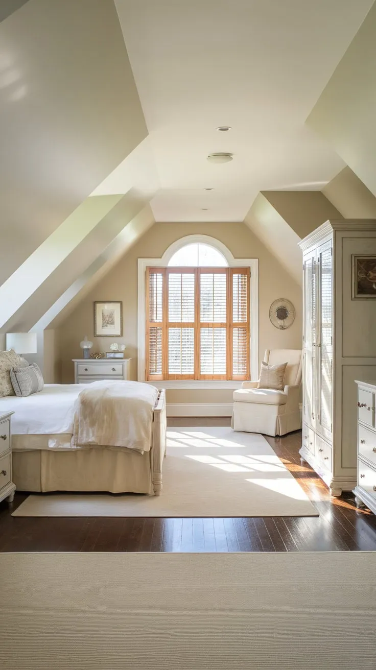 This attic master suite beautifully combines cozy neutral tones with elegant furnishings, creating a serene retreat that invites relaxation and comfort.