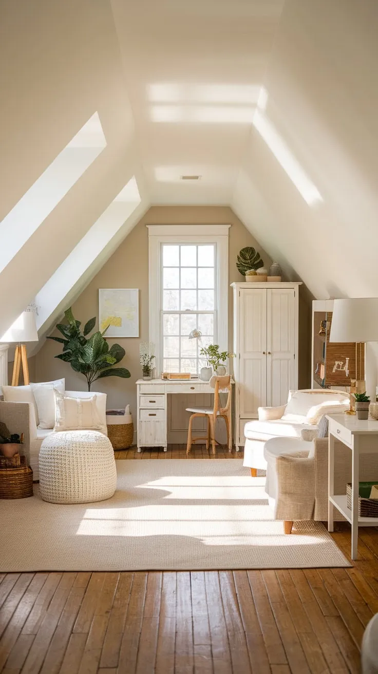 This beautifully arranged attic master suite exudes warmth and tranquility, making it the perfect retreat for relaxation and inspiration.