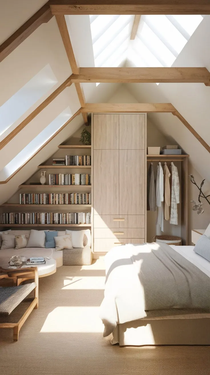 Ascend to your attic master suite, a haven where the tranquility of a neutral palette dances with the rugged charm of exposed wooden beams, crafting a retreat so warm and inviting, it begs you to unwind with a captivating book.
