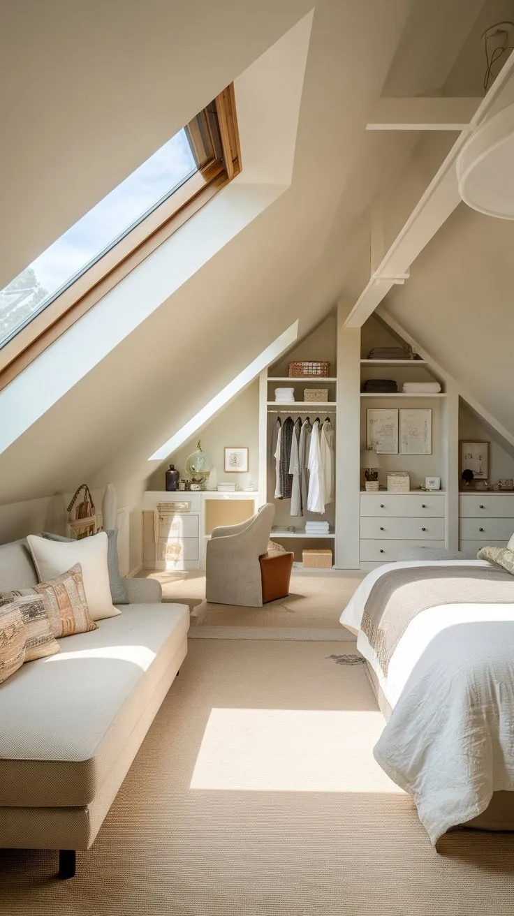 Ascend to your attic master suite, where comfort and elegance intertwine to craft a tranquil haven, its neutral palette and artfully designed layout promising serenity.