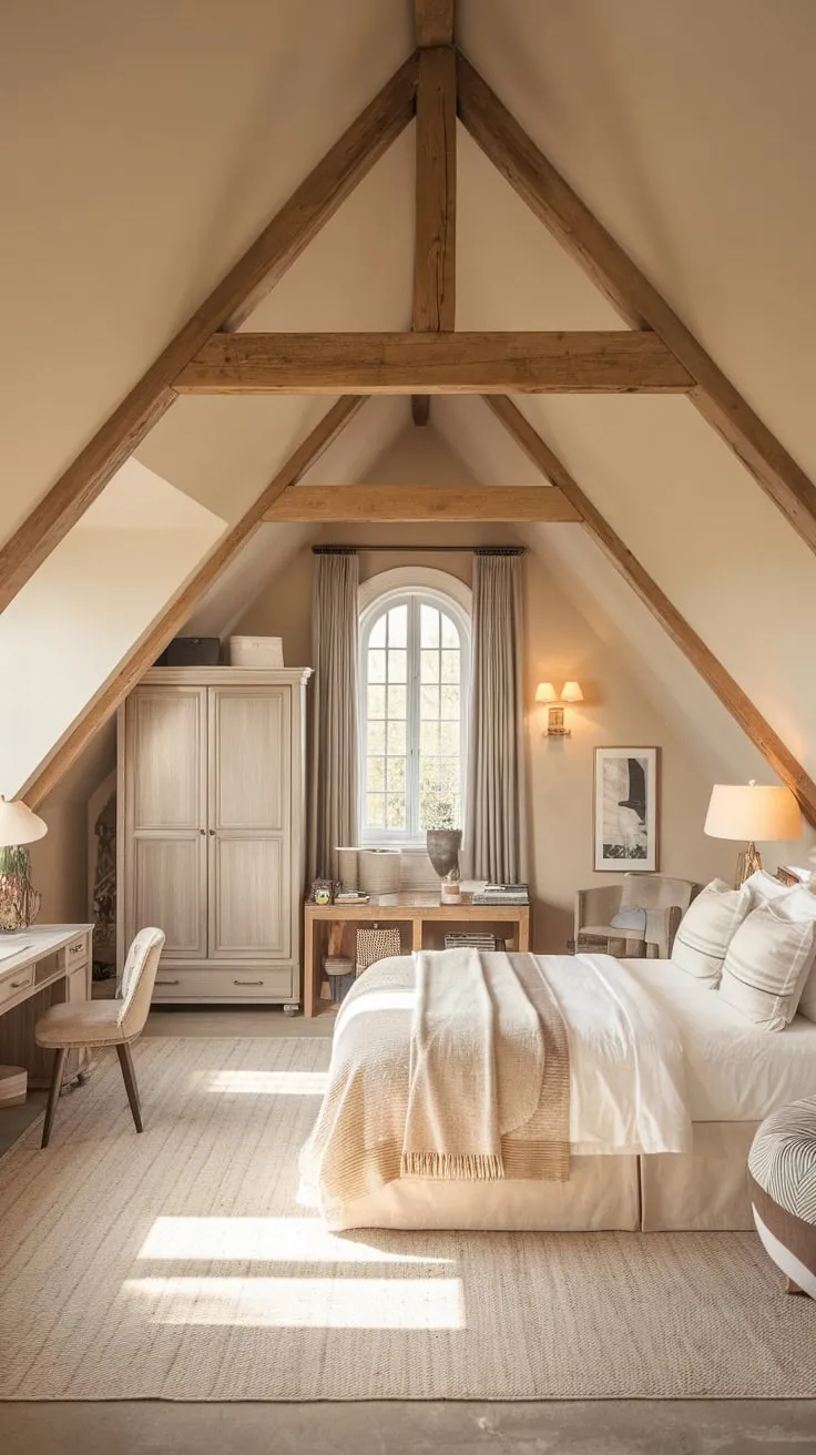 Ascend the stairs and discover your sanctuary: an attic master suite where beautifully designed details whisper of warmth and comfort. The neutral tones soothe your senses, while the inviting furnishings beckon you to unwind and find inspiration in this private retreat.