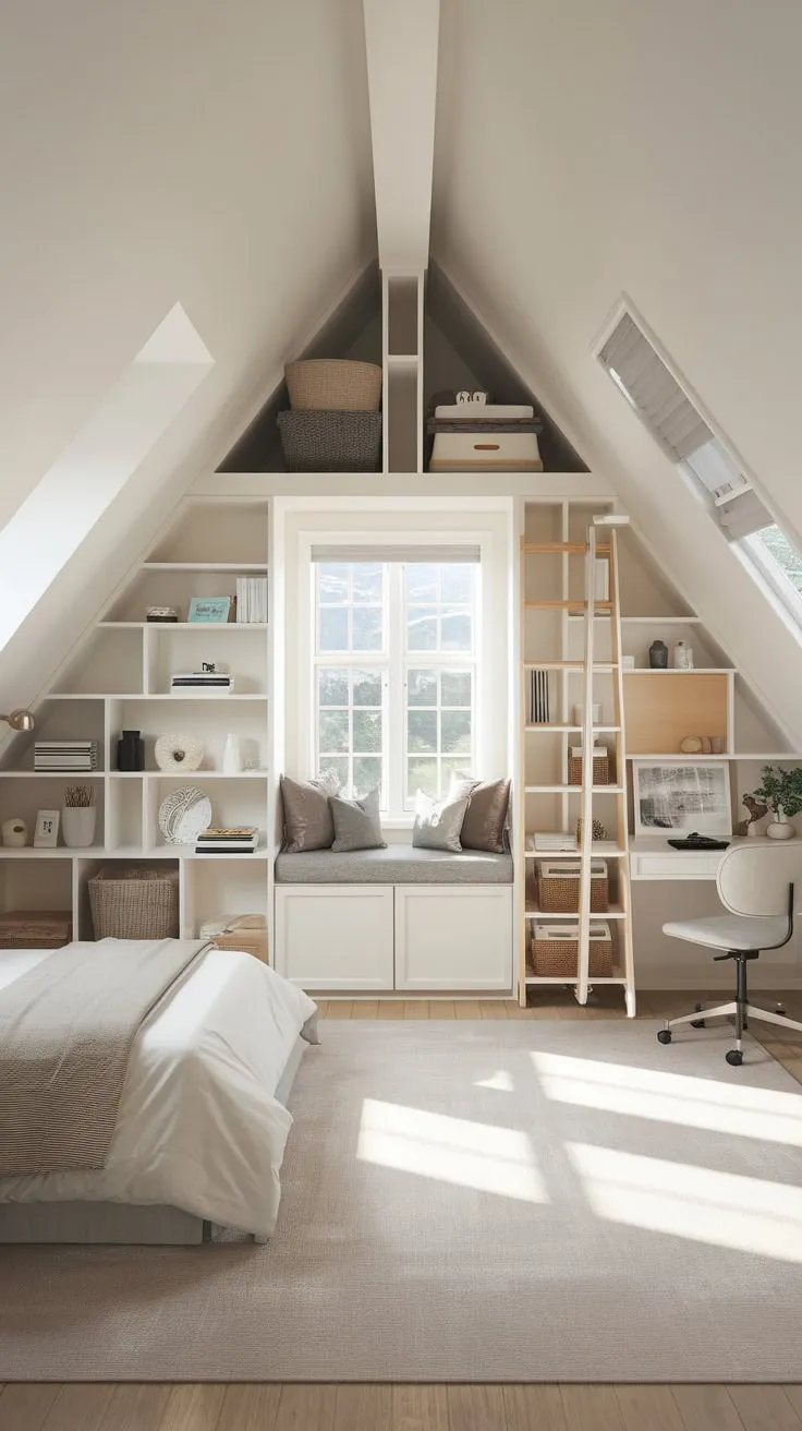 This attic master suite beautifully combines comfort and functionality, featuring a serene neutral palette, a cozy reading nook, and smart storage solutions that maximize the unique space.