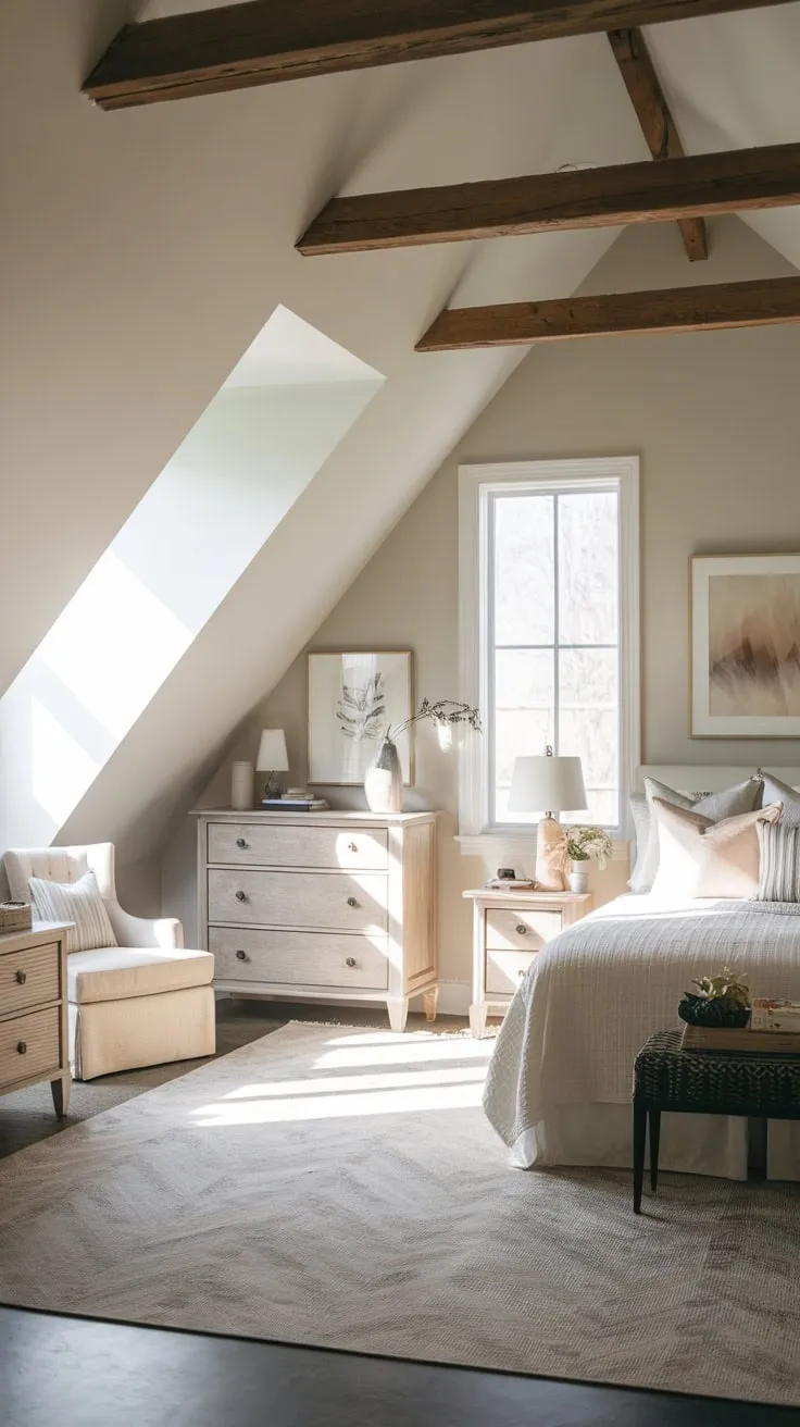 Ascend to your attic master suite, a haven where neutral hues dance with rustic textures, crafting a tranquil escape that beckons you to unwind and embrace blissful comfort.