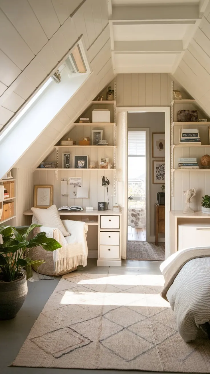 This beautifully organized attic master suite combines comfort and style, making it the perfect retreat for relaxation and creativity.