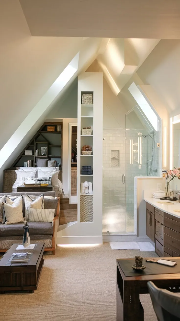 Escape to your own private sanctuary in this luxurious attic master suite.  The stunning attic conversion boasts a spacious attic bedroom with a king-size bed and walk-in closet, a cozy attic living space perfect for relaxation, a dedicated attic home office for focused work, and a modern attic bathroom complete with double vanity.  Clever attic storage solutions maximize space in this expertly designed master suite, creating the ultimate attic retreat. This modern attic suite is the epitome of attic renovation done right.