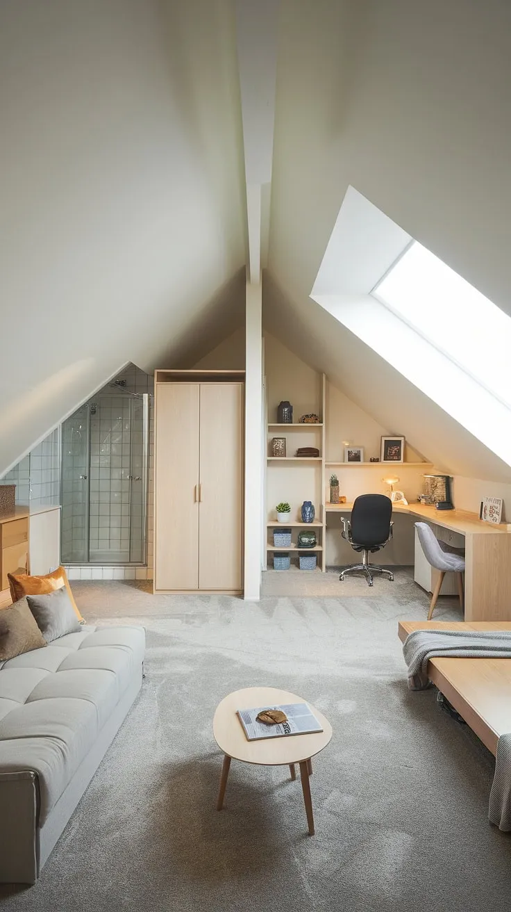Escape to your own private sanctuary in this spacious attic suite.  The master bedroom suite boasts a queen-size bed, a cozy reading nook, and ample storage, seamlessly blending into a dedicated home office and a luxurious attic bathroom. This attic conversion showcases modern attic suite design at its finest, offering the perfect attic retreat with clever attic storage solutions.  The result is a light-filled attic living space, a true luxury attic suite.