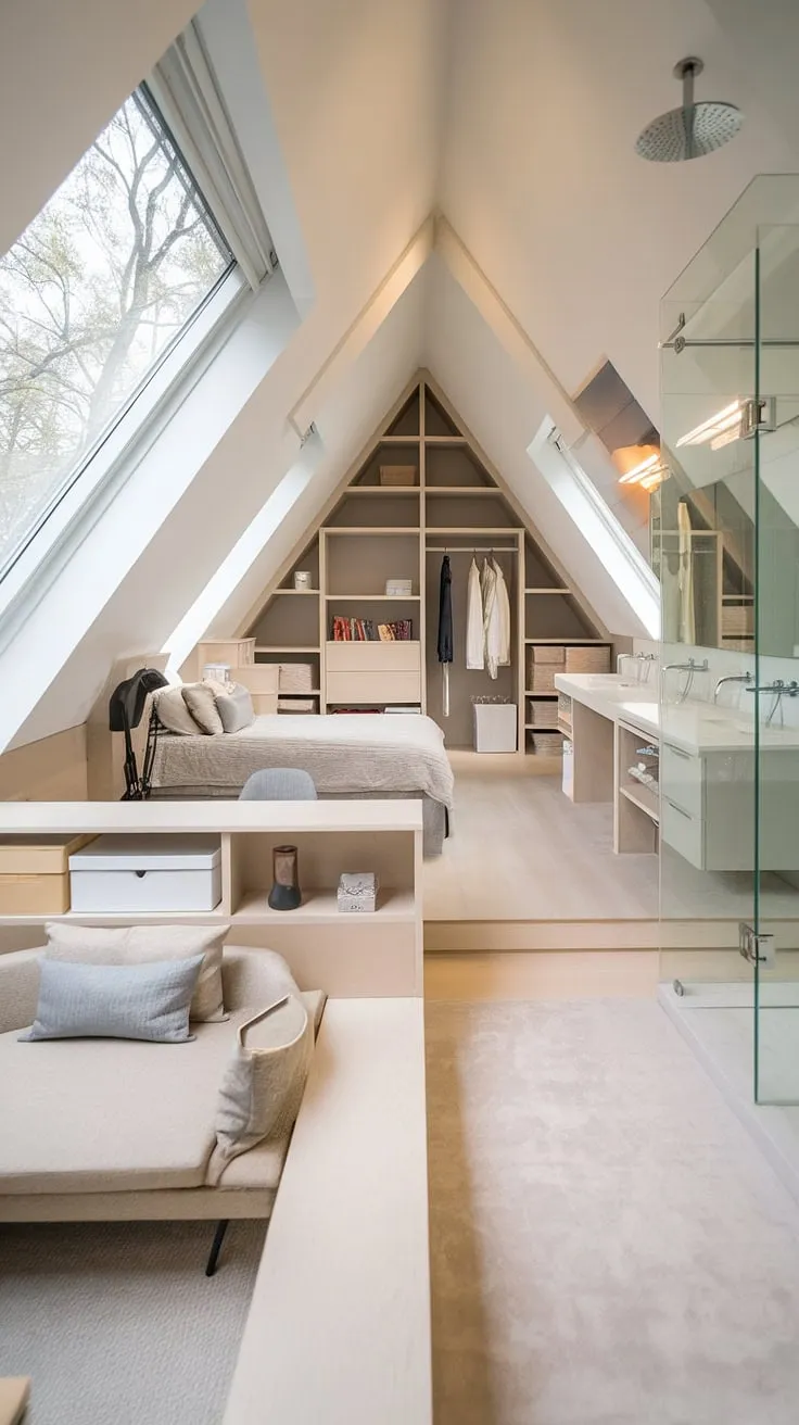This spacious attic suite is the epitome of modern attic living.  An attic renovation masterpiece, it features a king-sized bed in the attic bedroom, a walk-in closet, a double vanity attic bathroom, and a tranquil attic home office.  The abundant natural light and thoughtful attic storage solutions create a truly cozy attic suite, making this luxury attic suite the ultimate attic retreat.  Experience the perfect blend of style and functionality in this master bedroom suite and master suite design.