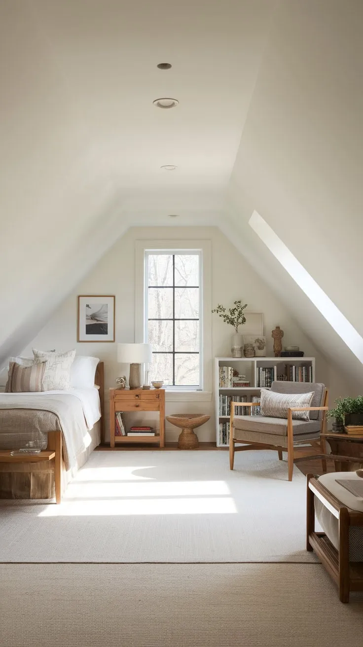 Imagine escaping to your attic master suite, a haven where rustic character dances with a soothing, neutral palette, transforming the space into a perfectly peaceful retreat just for you.