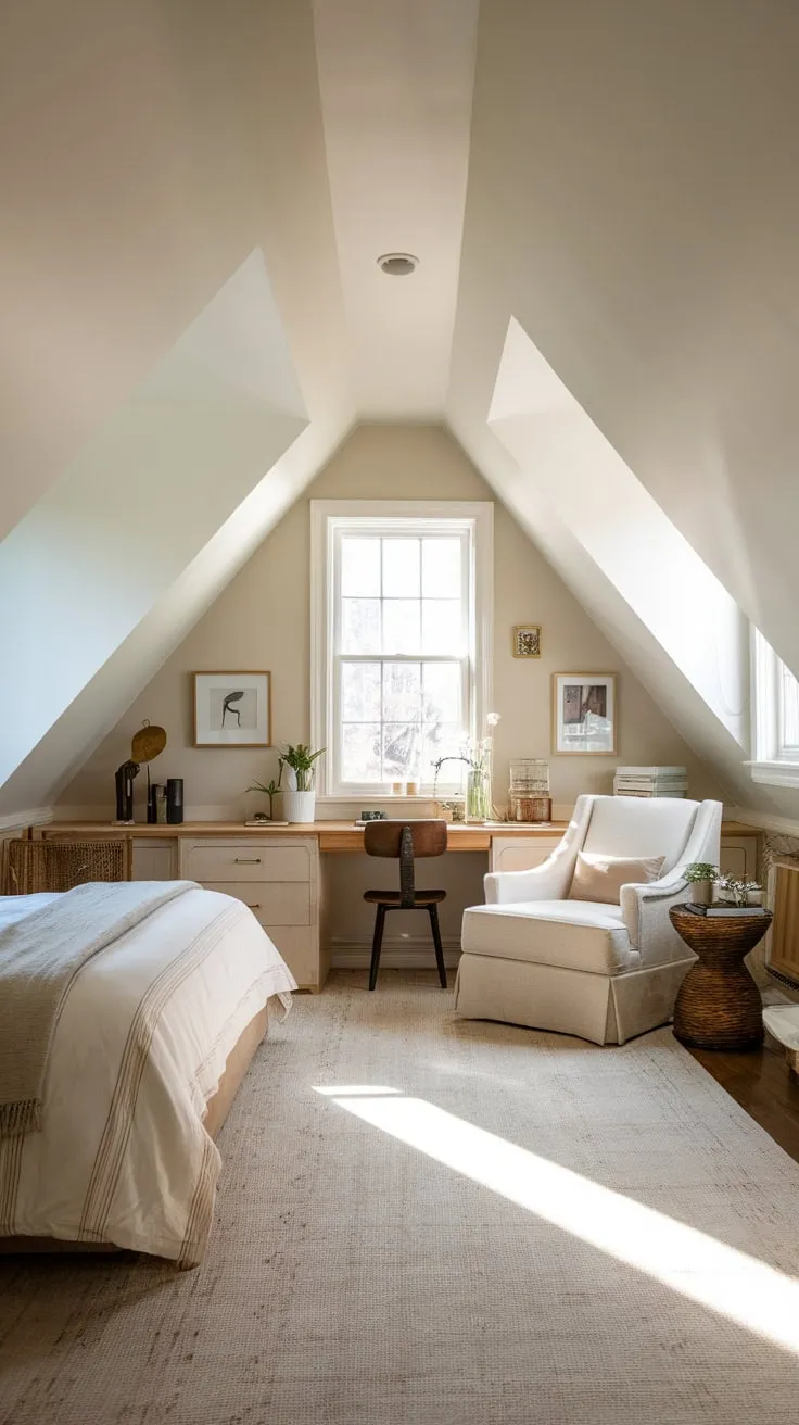 Step into your attic sanctuary, a master suite where well-considered design elevates both comfort and style, beckoning you into a private world of thoughtful layout and captivating charm.