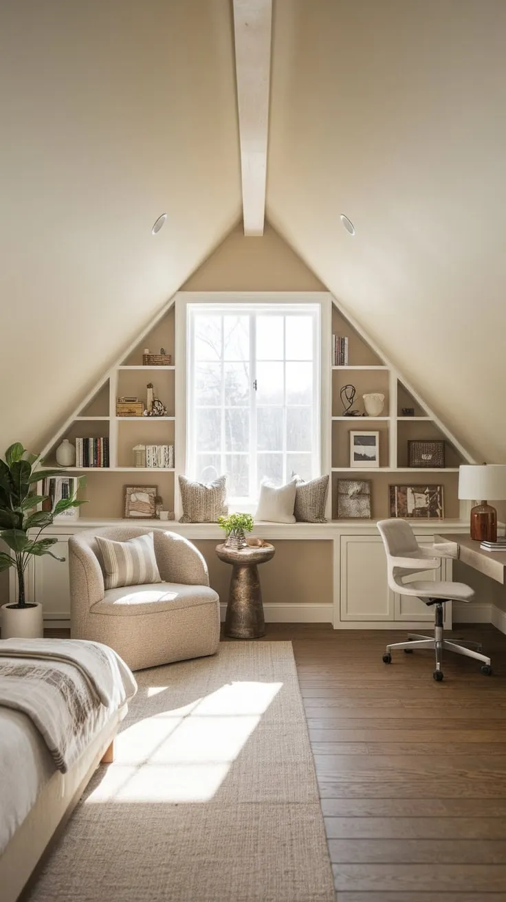 This beautifully designed attic master suite perfectly blends comfort and style, creating an inviting retreat that feels both spacious and intimate.