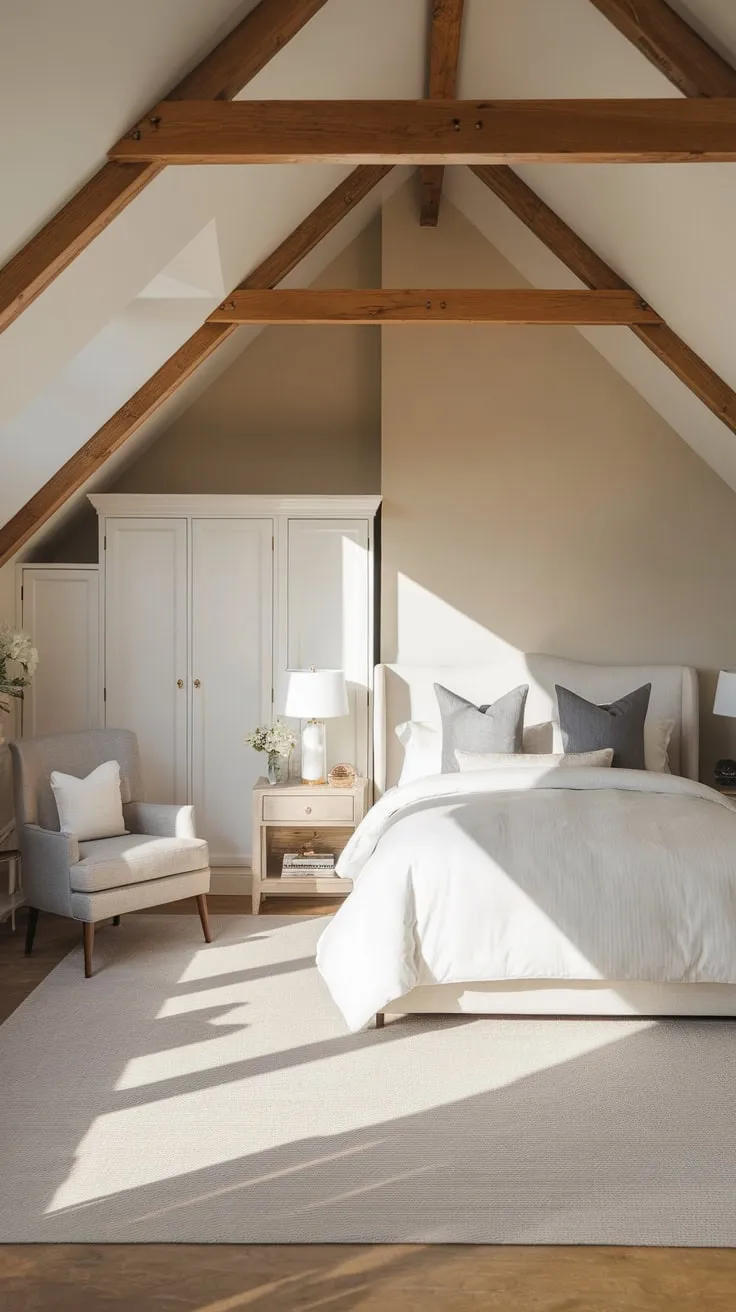Step into your beautifully conceived attic master suite, where a symphony of neutral tones and a meticulously planned layout converge, transforming the space into a tranquil sanctuary that effortlessly harmonizes luxurious comfort with sophisticated style.