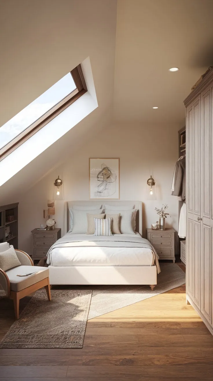 Step into your beautifully designed attic master suite, where a symphony of neutral tones and artful touches orchestrates a tranquil retreat, achieving a perfect equilibrium between luxurious comfort and sophisticated style.