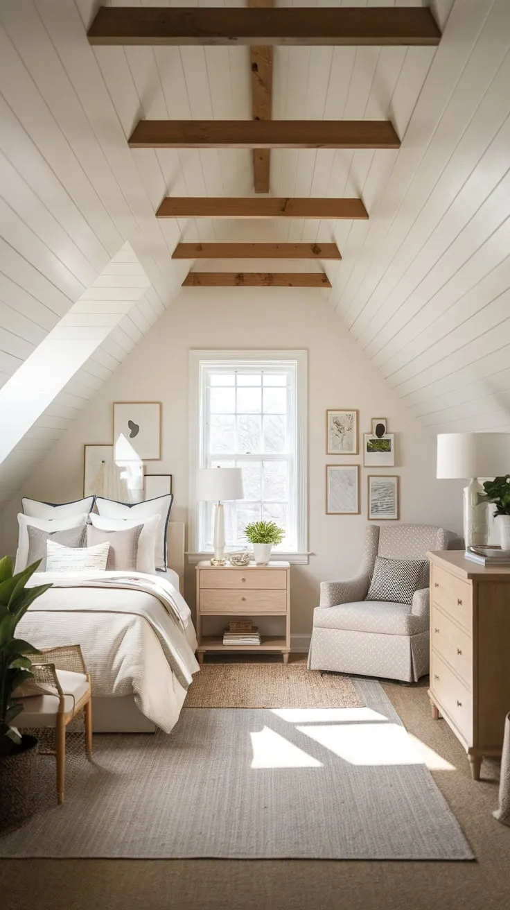 Ascend to your attic master suite, a haven where serene charm whispers from every rafter, inviting you to shed the day's burdens and sink into its cozy elegance and thoughtfully curated design.