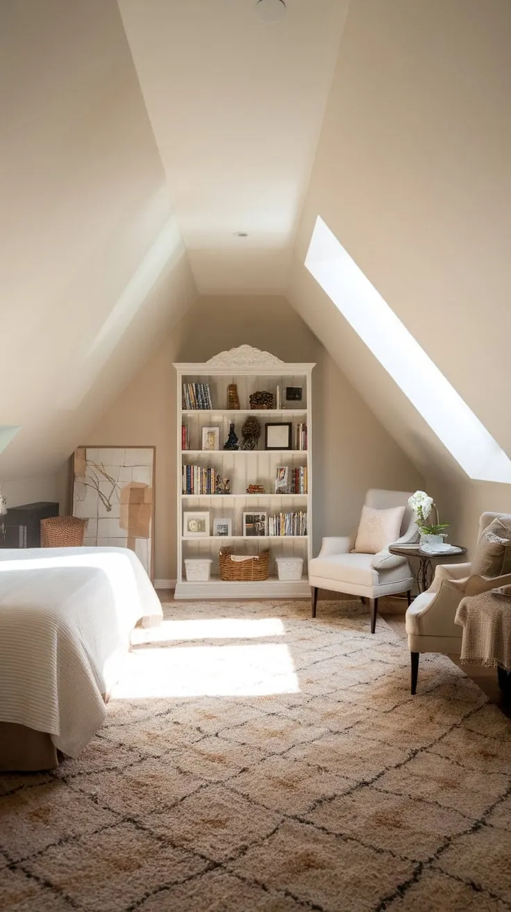 Ascend the stairs and discover your attic master suite, a haven where the gentle slope of the roof embraces you in warmth and the carefully chosen textures soothe your senses, promising a retreat where stress melts away and tranquility reigns.