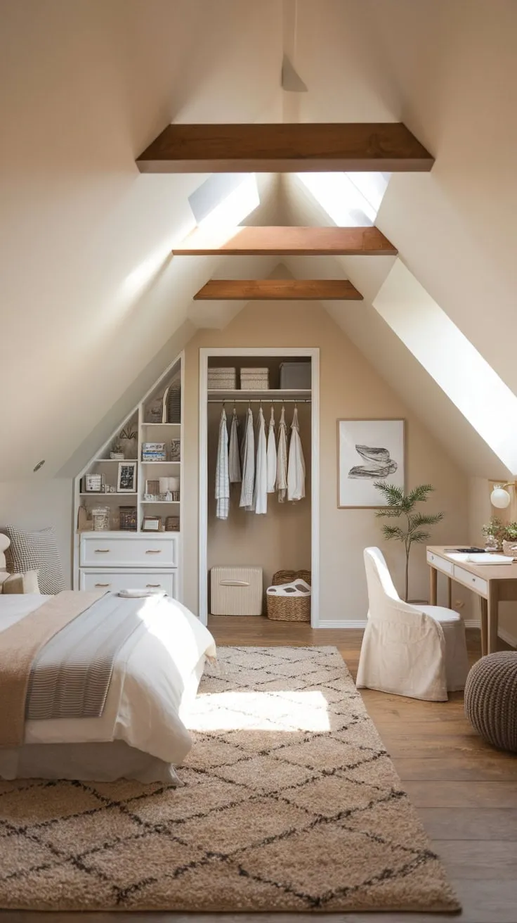 Step into your attic sanctuary, a master suite meticulously crafted to fuse comfort and style, where a calming color scheme and clever organization conspire to inspire both relaxation and accomplishment.