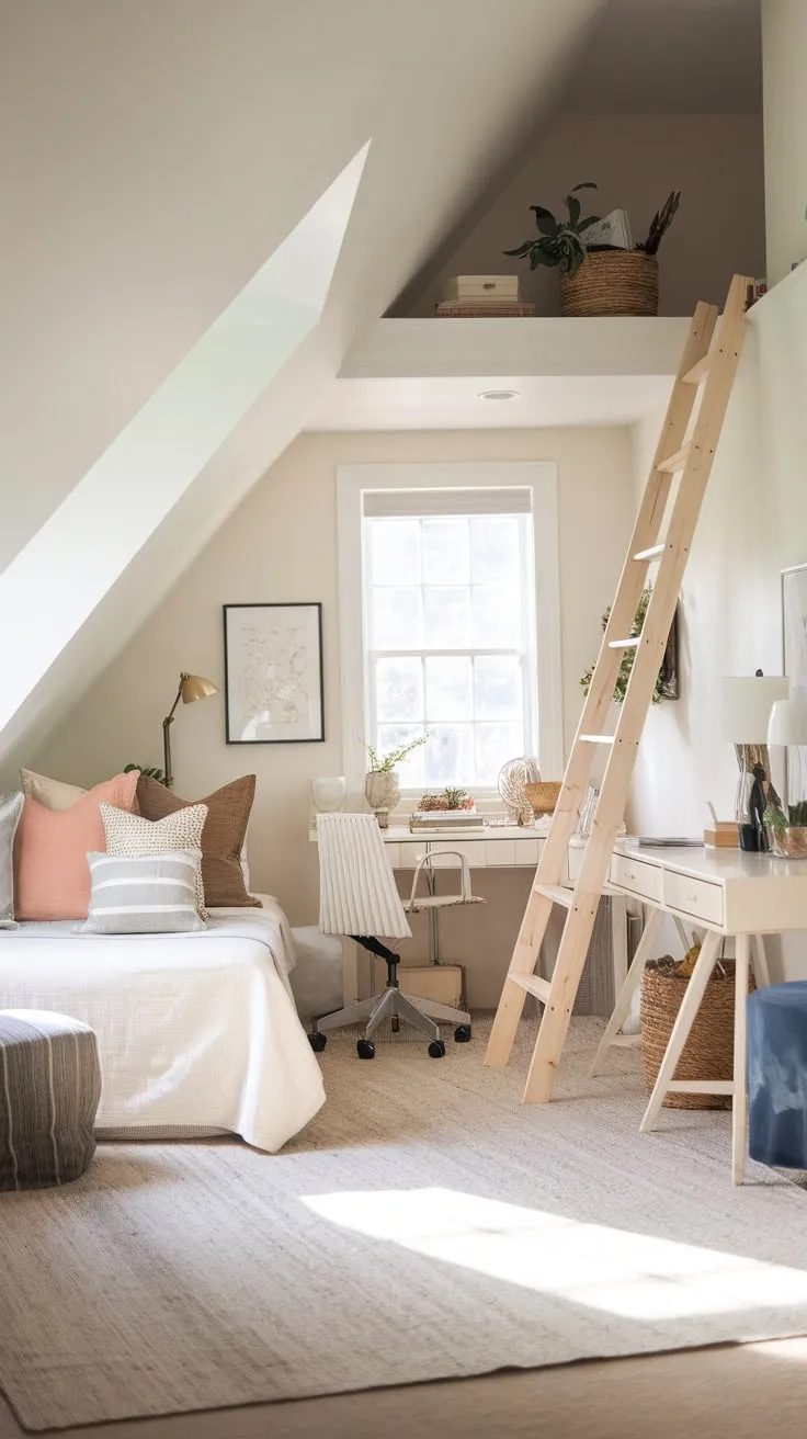 Step into your attic sanctuary, a master suite where impeccable design orchestrates a symphony of comfort and style, beckoning you into an inviting retreat that unlocks the full potential of space and bathes you in serene calm.