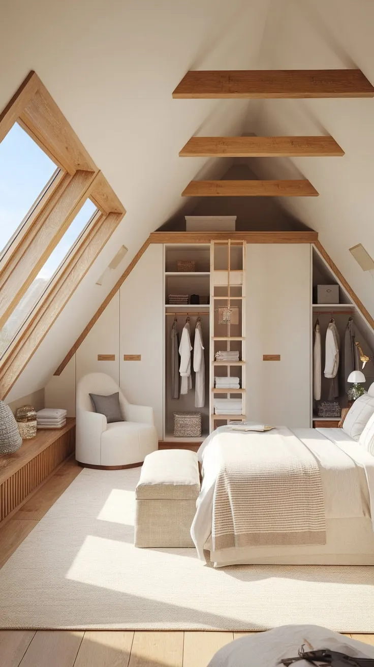 Escape to your own private sanctuary in this beautifully designed attic master suite, where comfort and style intertwine. Imagine sinking into the plush embrace of a spacious king-size bed, or curling up with a captivating book in a cozy reading chair, all while the charming wooden beams overhead whisper tales of the home's history, creating an atmosphere that's irresistibly inviting.