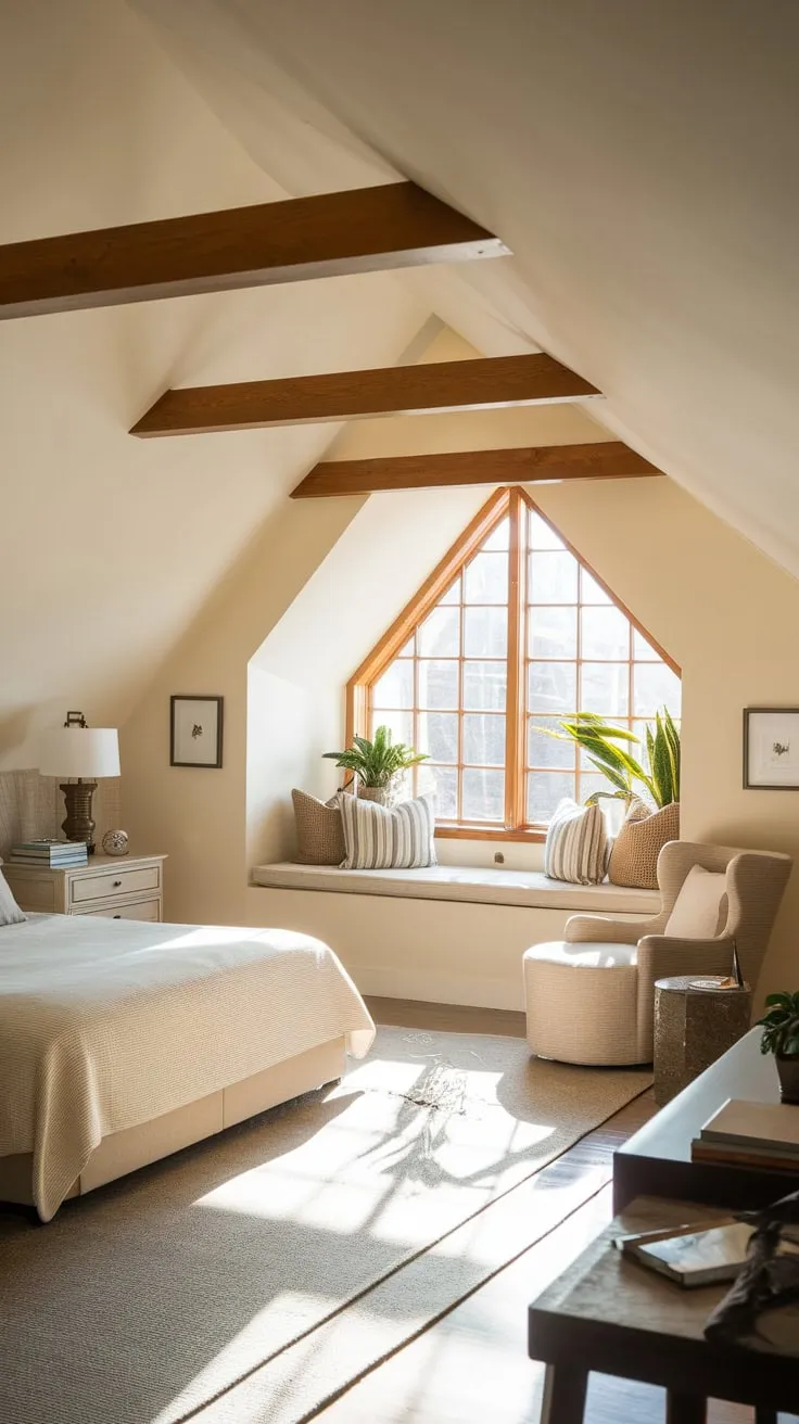This attic master suite beautifully combines comfort and style, with its inviting neutral tones and thoughtful design elements that create a perfect retreat.