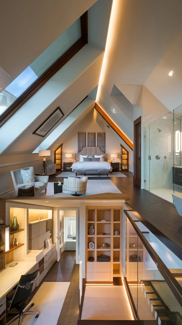 This stunning attic renovation transformed unused space into a breathtaking luxury attic suite.  The spacious attic suite features a dreamy attic bedroom, a walk-in closet, and a spa-like attic bathroom.  The master suite design seamlessly blends modern elements with cozy comfort, creating the perfect attic living space.  With an integrated attic home office and ample attic storage solutions, this cozy attic suite is an idyllic attic retreat.  Experience the ultimate in attic master suite living.