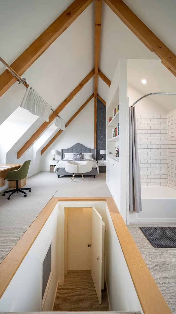 Escape to your own private sanctuary in this luxurious attic master suite.  The spacious attic living space seamlessly blends a cozy attic bedroom with a dedicated home office and a serene attic bathroom, showcasing clever attic storage solutions and a stunning attic conversion.  This modern attic suite is the epitome of attic retreat design.
