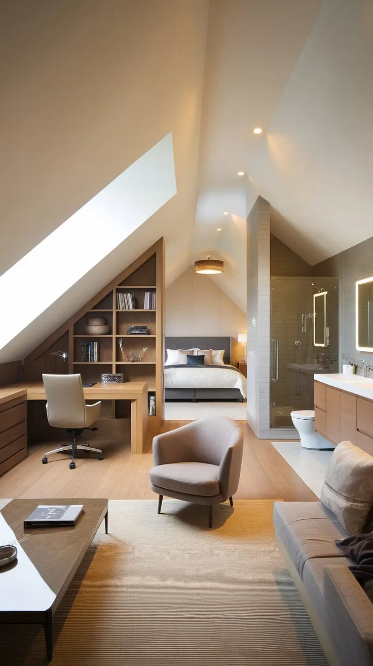 Indulge in the ultimate escape within this spacious attic suite.  The master bedroom suite features a king-size bed and ample wardrobe space, while a separate attic home office provides a productive workspace.  The master suite design incorporates a stylish attic bathroom and a walk-in closet, showcasing the possibilities of attic renovation.  Bathed in natural light, this modern attic suite is the epitome of cozy attic living, a true attic retreat with clever attic storage solutions.