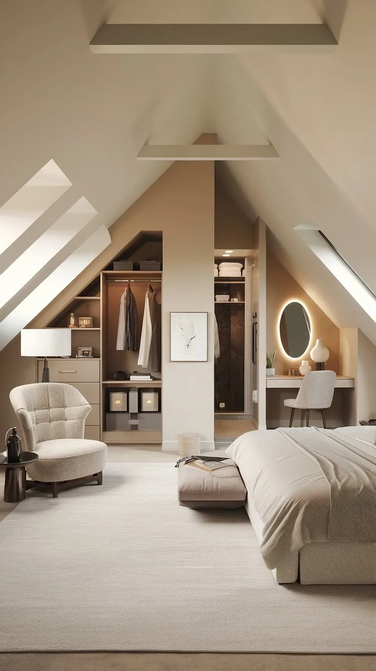 Escape to your own private sanctuary in this luxurious attic master suite.  The thoughtful attic conversion boasts a spacious layout, seamlessly blending a cozy attic bedroom with a dedicated home office, walk-in closet, and ensuite bathroom.  Clever attic storage solutions maximize space, creating a truly elegant and functional attic living space. This modern attic suite is the epitome of comfortable attic retreat.