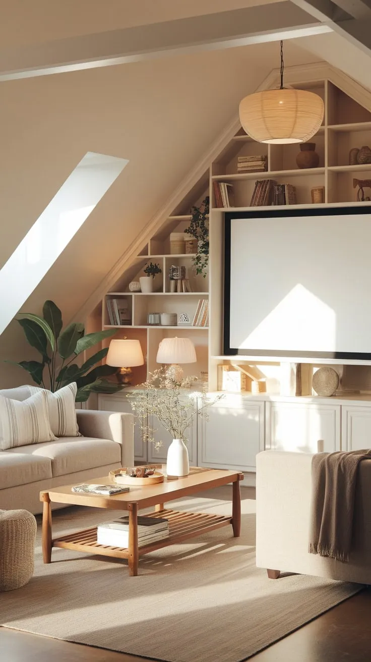 This attic movie room perfectly blends comfort and style, creating an inviting space for cinematic adventures and cozy gatherings.