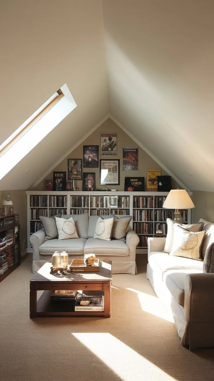 Ascend to your attic sanctuary, a movie room where luxurious comfort dances with impeccable style, beckoning you into a world of captivating film adventures and warm, cherished moments with loved ones.