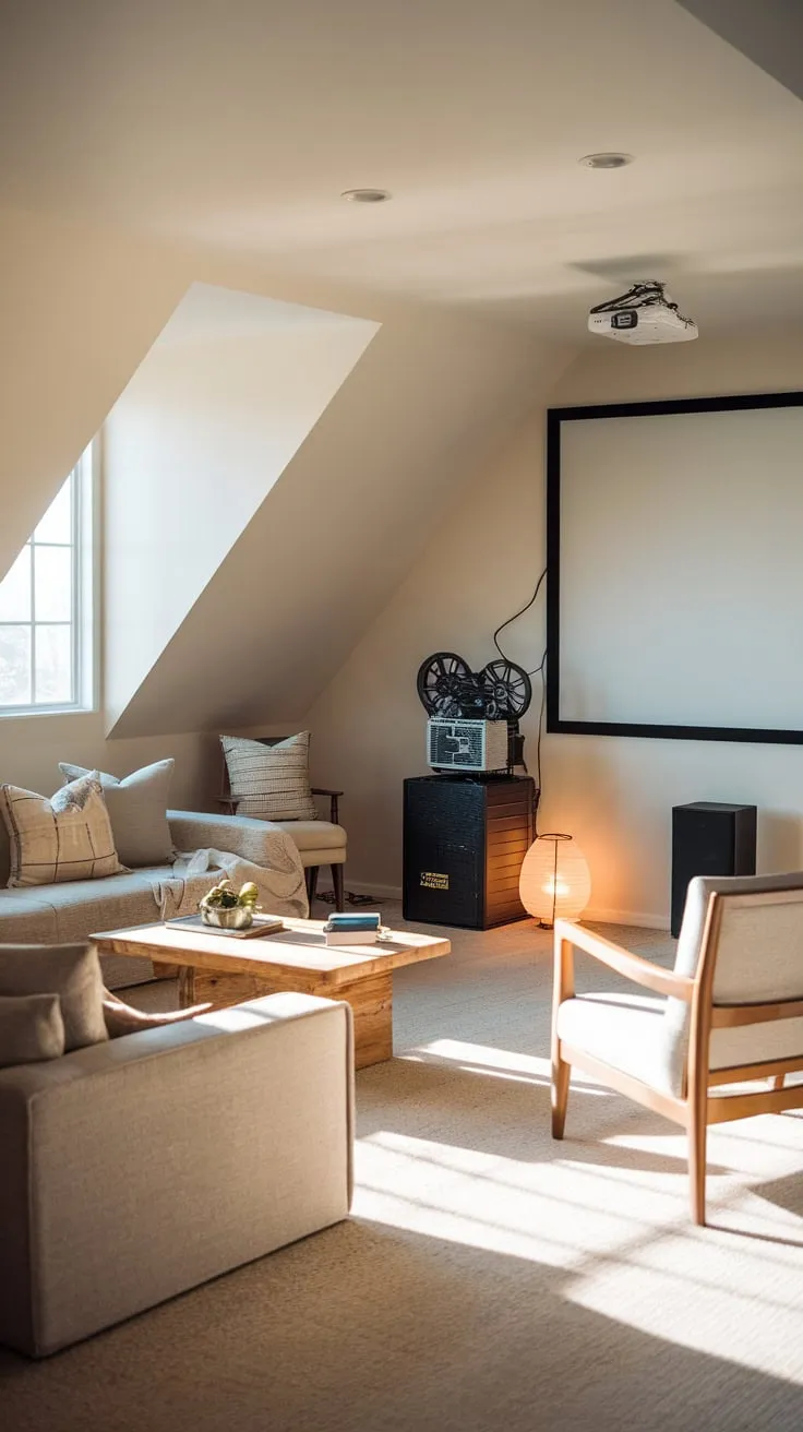 This attic movie room, with its inviting neutral tones and vintage projector, offers the perfect blend of comfort and nostalgia for a cozy cinematic escape.