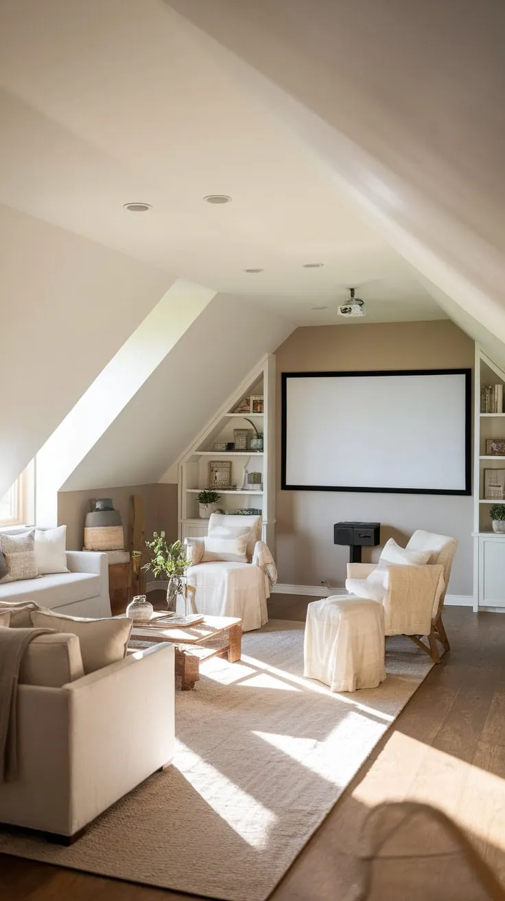 Step into the attic, where neutral hues whisper tranquility and plush seating beckons, and feel the mundane melt away as the space transmutes into your personal cinematic sanctuary.