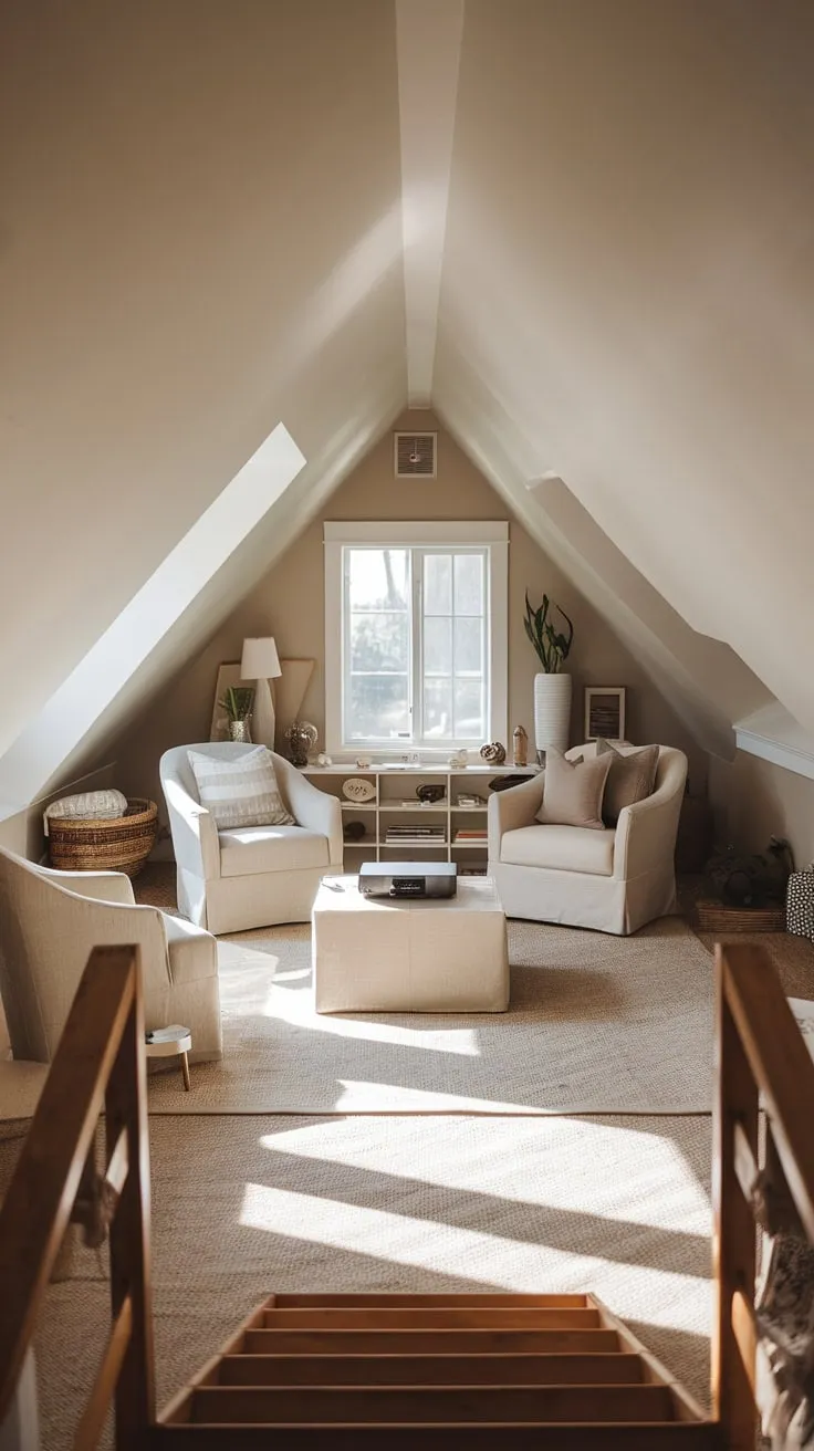 Ascend the weathered wooden ladder, and discover your cinematic hideaway. This attic movie room, with its inviting chairs, promises a serene escape. Lose yourself in the flickering screen, far from the world below, in a retreat perfectly tailored for your film-loving soul.